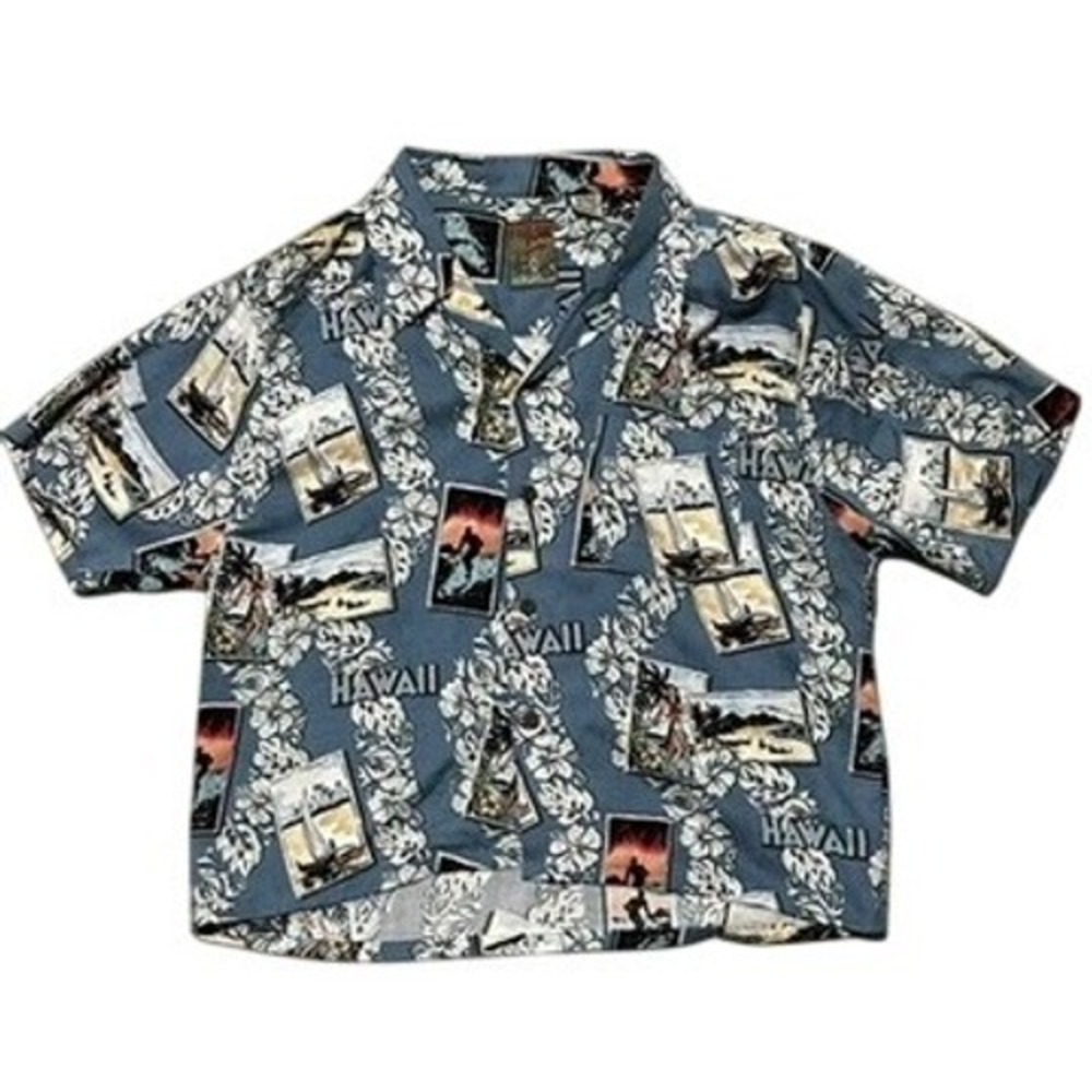 Vtg Pineapple Connection Womens Hawaiian Shirt Blue Postcard Print Rayon Large L